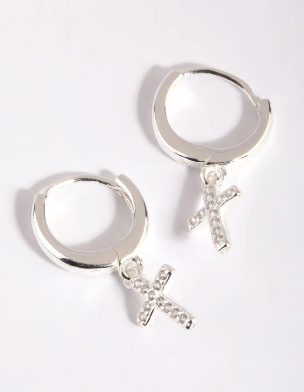 Cosmic glow earrings-Sterling Silver Cubic Zirconia Cross Huggie Hoop Earrings