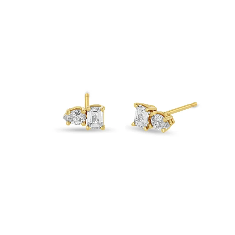 Surf motif earrings-14k Prong Pear & Emerald Cut Diamond Studs