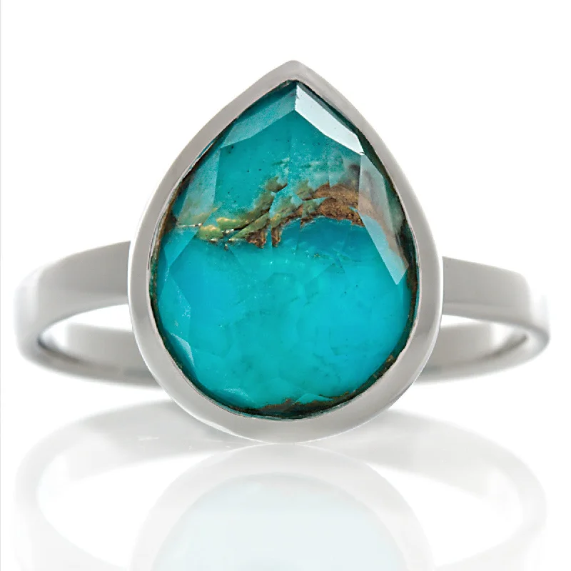 Astro theme engagement rings-Tanya: Pear Shape Faceted Quartz over Turquoise Right Hand Ring 925 Silver