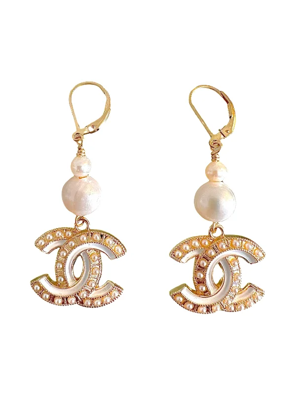 Two-tone earrings-CC Cutout White Pearl Dangle Earrings