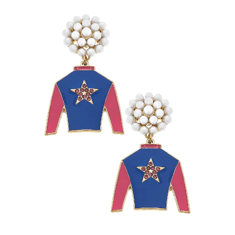 Cotton cord earrings-Canvas Style - Risen Star Pearl Cluster Jockey Enamel Earrings in Blue & Fu