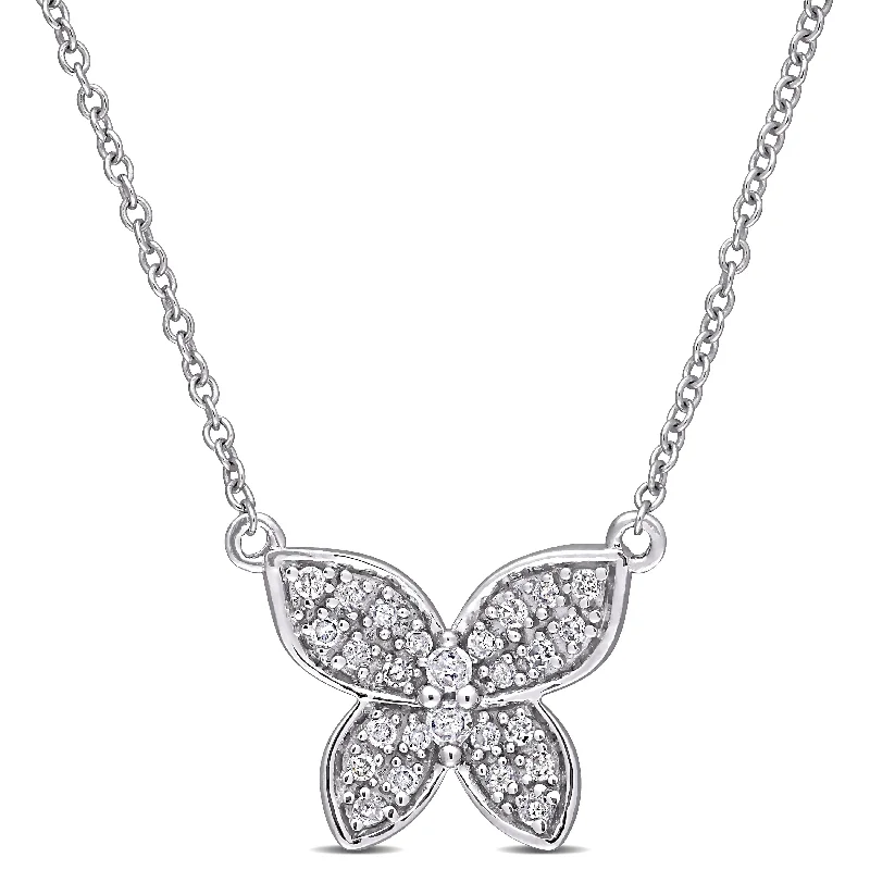 Floating gem necklaces-Miadora 10k White Gold 1/8ct TDW Diamond Cluster Butterfly Necklace - 11 mm x 17 inch x 13.6 mm - 11 mm x 17 inch x 13.6 mm