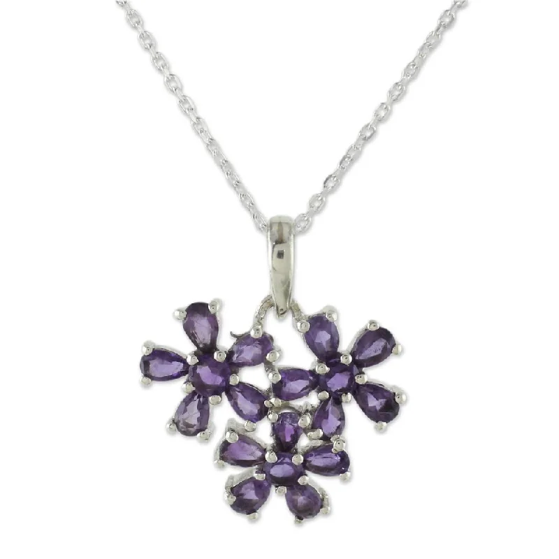 Topaz necklaces-Handmade Sterling Silver 'Bouquet of Wisdom' Amethyst Necklace (India)