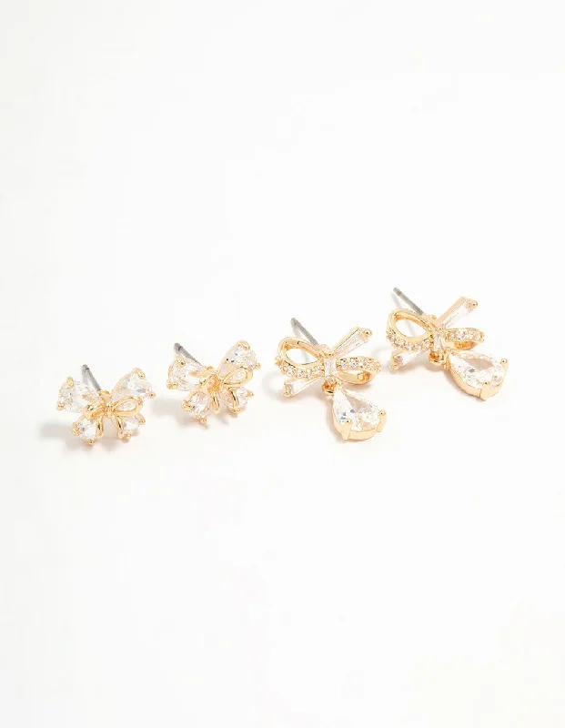 Polished art earrings-Gold Cubic Zirconia Bow Stud Earrings 2-Pack