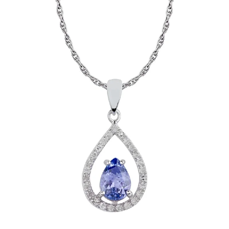 Round pendant necklaces-Viducci 10k White Gold Genuine Pear-Shape Tanzanite and Diamond Halo Tear-Drop Pendant Necklace