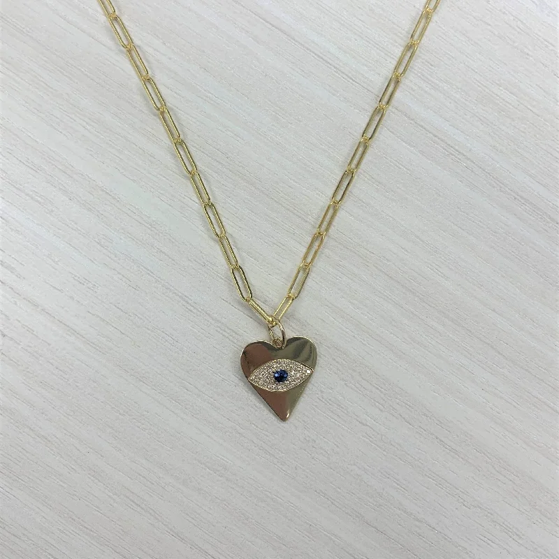 Ruby stone necklaces-Joelle Sapphire & Diamond Evil Eye Heart Necklace 14K Yellow Gold on 18-inch Paperclip Chain