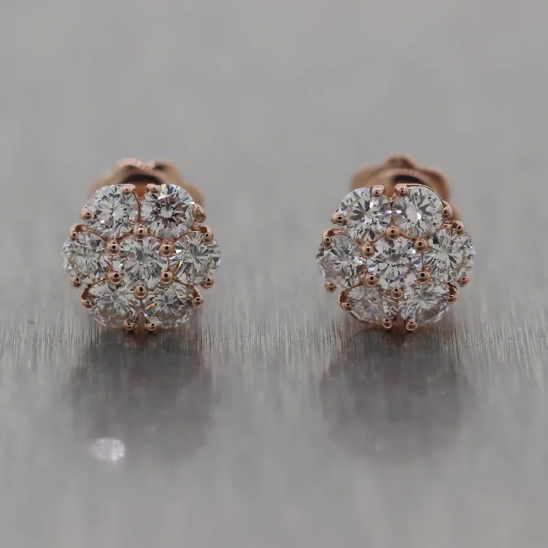 Glossy silver earrings-Modern 14k Rose Gold 1.50ctw Diamond Flower Cluster Earrings