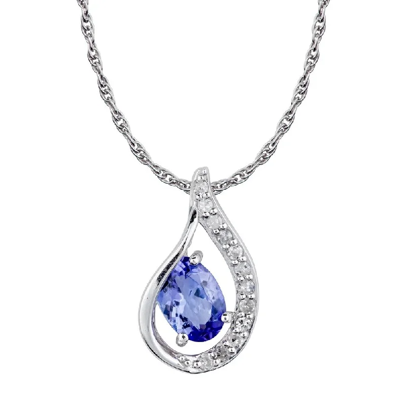 Spring clasp necklaces-Viducci 10k White Gold Genuine Oval Tanzanite and Diamond Halo Drop Pendant Necklace