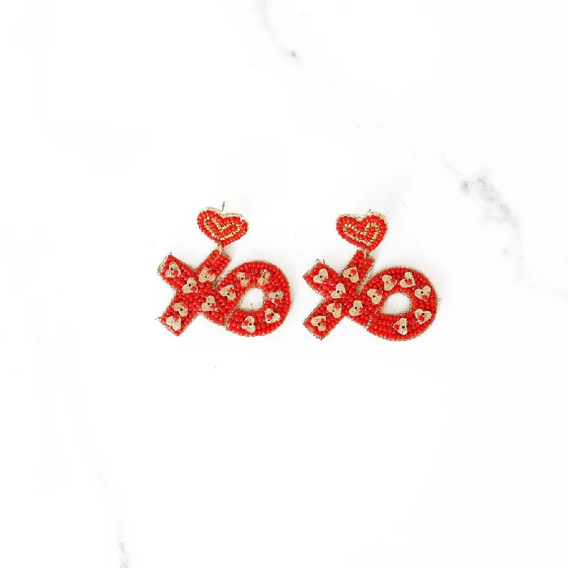 Sleek drop earrings-XO Beaded Earrings | Red