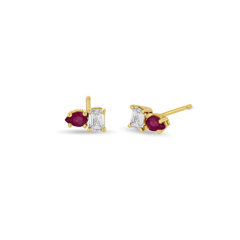 Astro charm earrings-14k Pear Ruby & Emerald Cut Diamond Studs