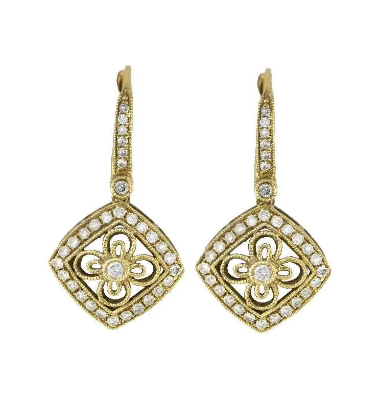 Thick hoop earrings-Ladies 14K Yellow Gold 0.62ctw Diamond Milgrain Floral Drop Dangle Earrings