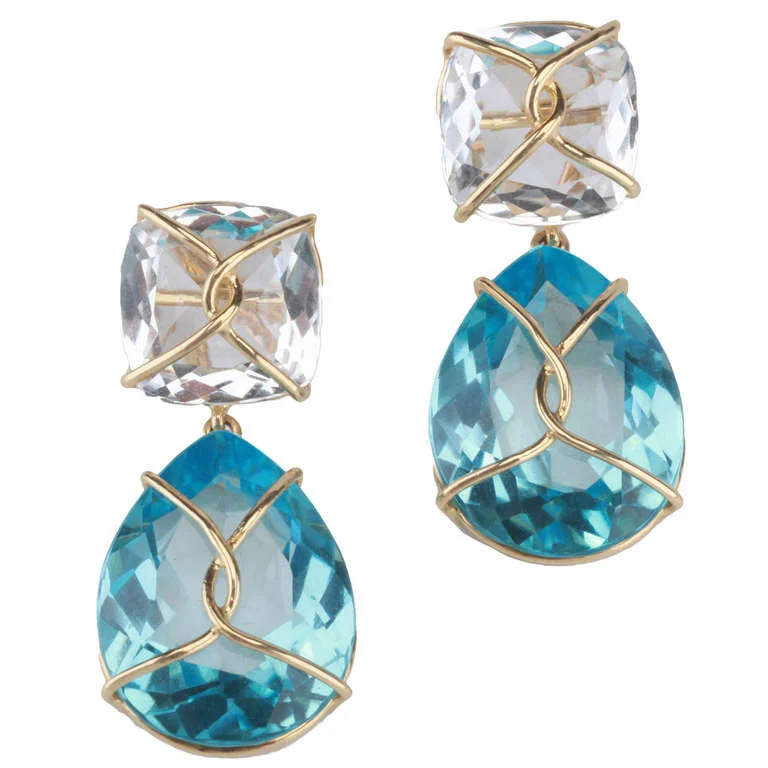 Silk tassel earrings-18kt Yellow gold Wrapped Drop Earrings with Rock Crystal and Blue Topaz