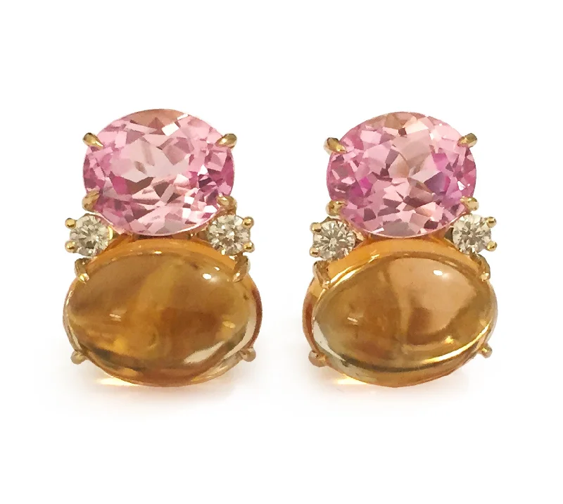 Fine triangle earrings-Large GUM DROP™ Earrings with Pink Topaz and Cabochon Citrine and Diamonds