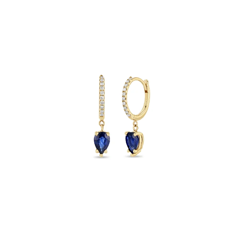 Silk cord earrings-14k Medium Pavé Diamond Hinge Huggie Hoops with Pear Blue Sapphires