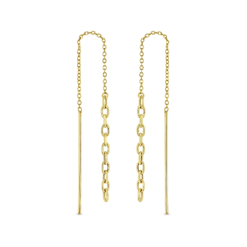 Smooth drop earrings-14k Gold Small Square Oval Chain Drop Threaders