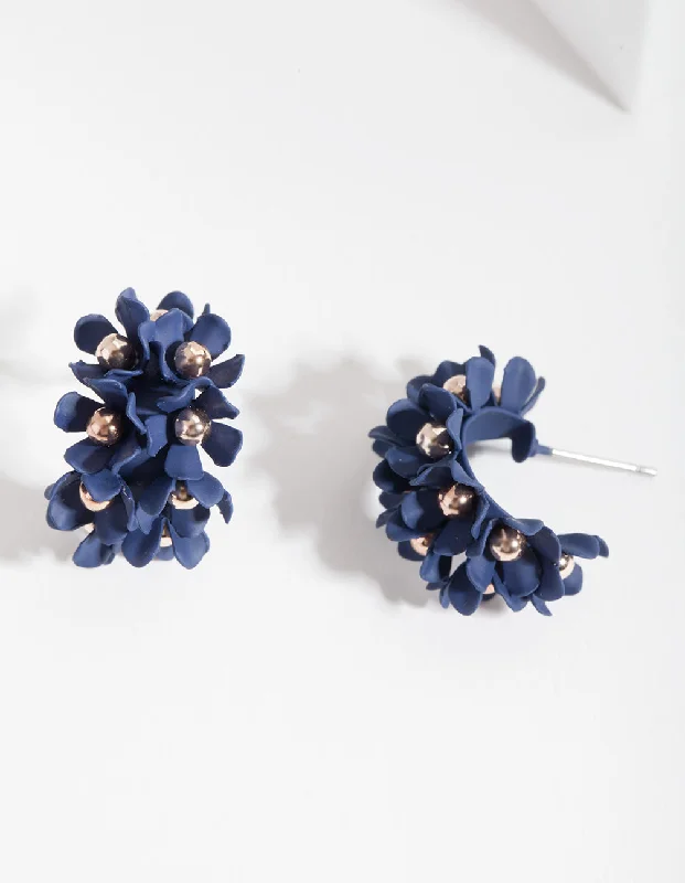 Patina brass earrings-Blue Mini Cluster Flower Hoop Earrings