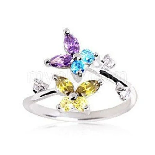 Eternity style engagement rings-.925 Sterling Silver Multi Color CZ Butterflies Toe Ring