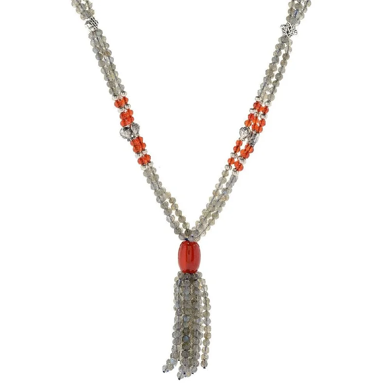 Spiral knot necklaces-Sterling Silver 28" Labradorite & Red Agate Beaded Tassel Necklace