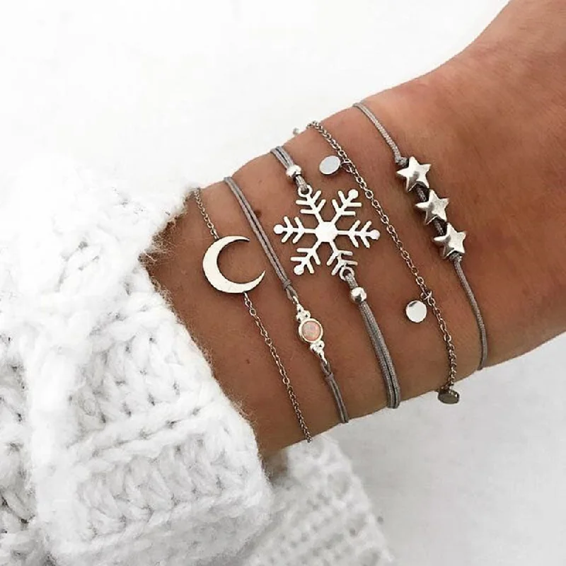 Bamboo weave bangles-(2019 Spring collection) Bohemian Star Moon Snowflake Opal Bracelet Set