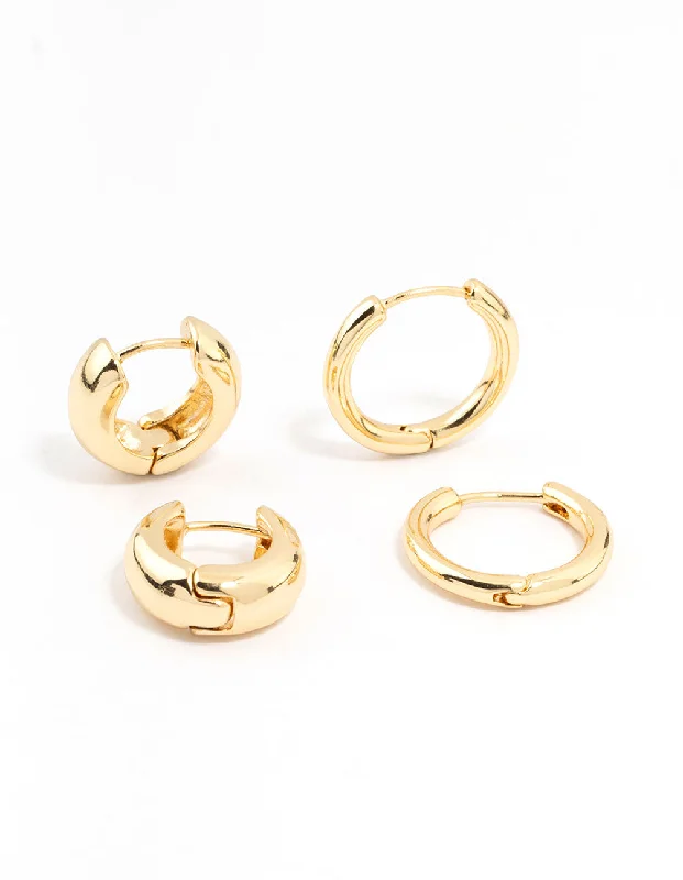 Shiny gold earrings-Gold Plated Thick & Thin Huggie Earrings 2-Pack