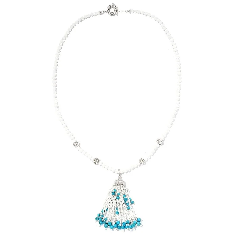 Floating gem necklaces-Sterling Silver White Agate & Turquoise Gemstone Tassel Enhancer Pendant w/ 30" Bead Necklace