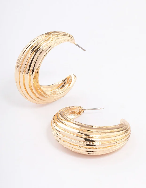 Flat knot earrings-Gold Textured Puffy Hoop Earrings