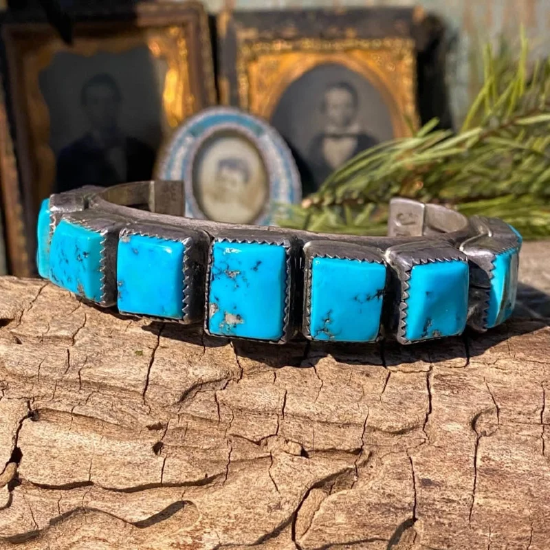 Light clay bangles-Signed Navajo Rectangular Turquoise Row Bracelet Sterling