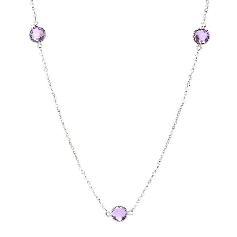 Haze glass necklaces-Sterling Silver 36" 10mm African Amethyst & Rainbow Moonstone Station Necklace