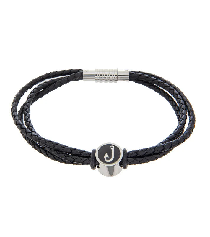 Light filigree bangles-Mens Bracelet 23cm Triple Black Leather with Hook Accent