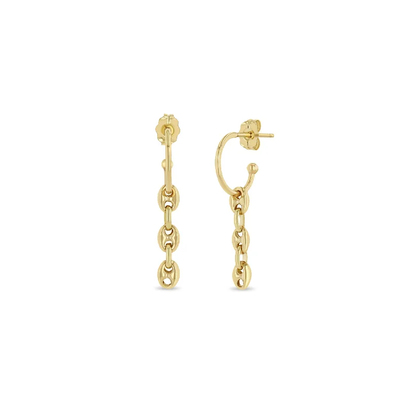 Java tile earrings-14k Dangling Puffed Mariner Chain Thin Huggie Hoops