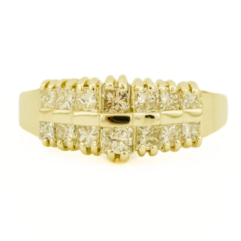 Petal carved engagement rings-0.92ctw Princess Cut Diamond Accented Cluster Ring in 14K Yellow Gold - Size 6.75