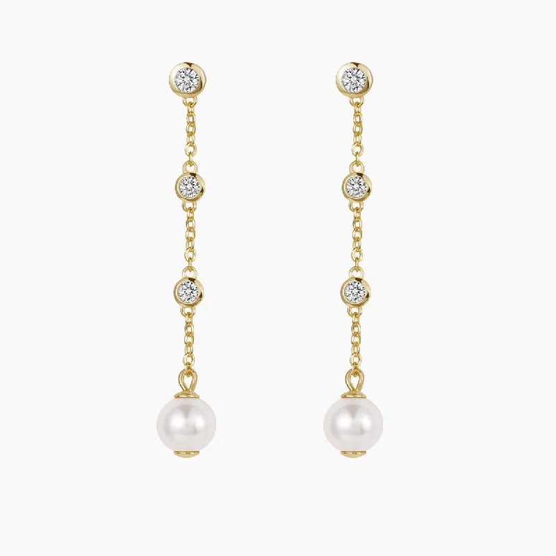 Oval dangle earrings-14K Gold Plated Pearl Chain Dangle Earrings