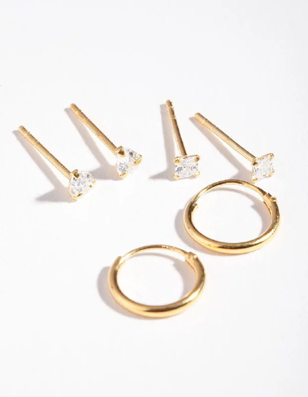 Swirl shape earrings-Gold Plated Sterling Silver Cubic Zirconia Stud Hoop Earring Pack