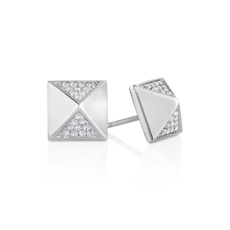 Alloy metal earrings-Silver & Diamond Cube Earrings