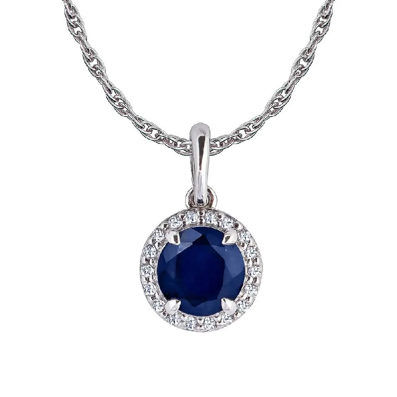 Secure clasp necklaces-Viducci 10k White Gold Genuine Round Sapphire and White Topaz Halo Pendant Necklace