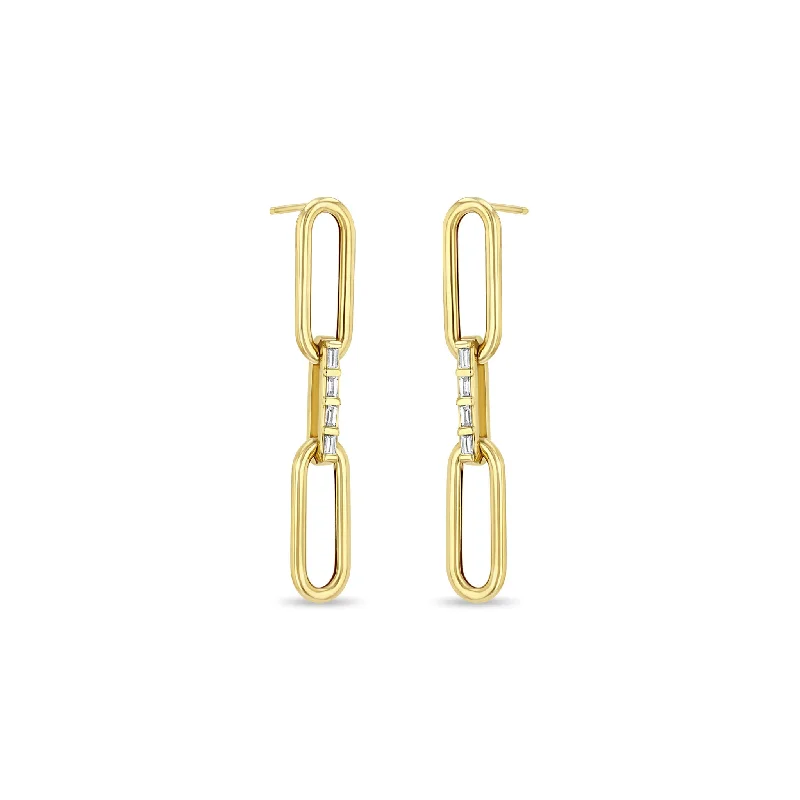 Tiny dot earrings-14k Large Paperclip Chain with Baguette Diamond Link Drop Earrings