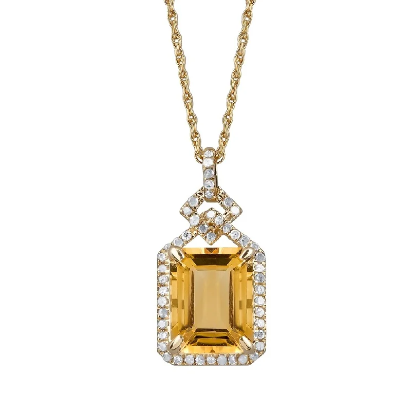 Victorian style necklaces-Viducci 10k Yellow Gold Genuine Emerald-cut Citrine and 1/4ct Diamond Halo Necklace