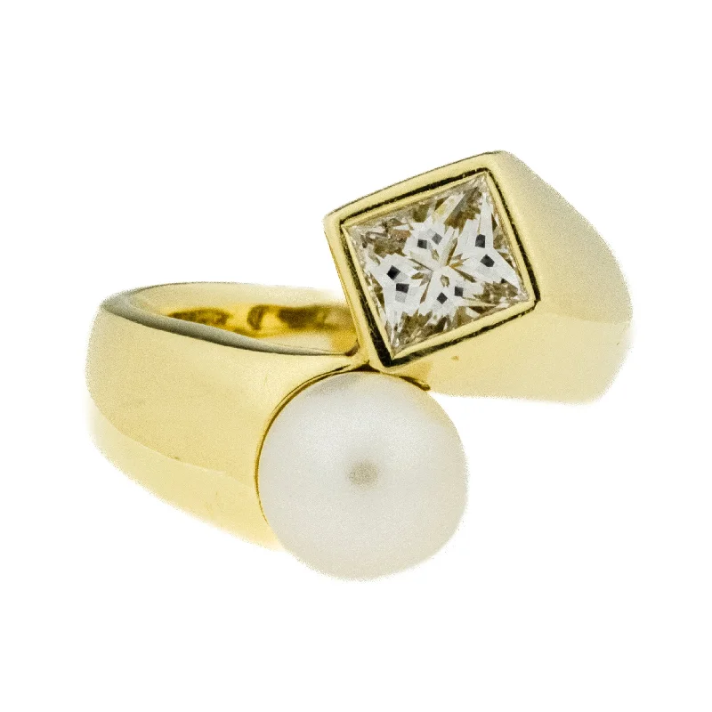 Double band engagement rings-8mm White Cultured Pearl & 1.00ct Princess Cut Diamond in 18K Yellow Gold Ring - Size 6.25