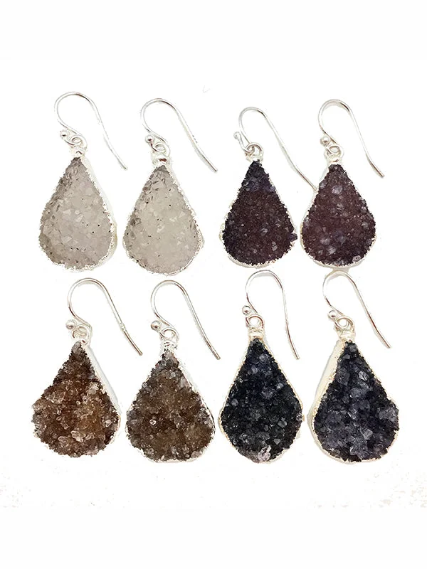 Bright stud earrings-Double Druzy Silver Teardrop Earrings