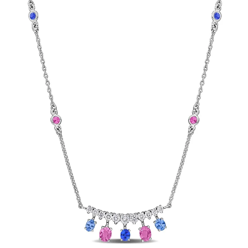 Neat-line necklaces-Miadora 1ct TGW Muti-Sapphire 1/3ct TW Diamond Necklace in 14k White Gold