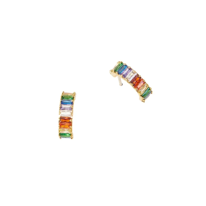 Light wood earrings-Rainbow Baguette Rhinestone Gold Hoop Earrings