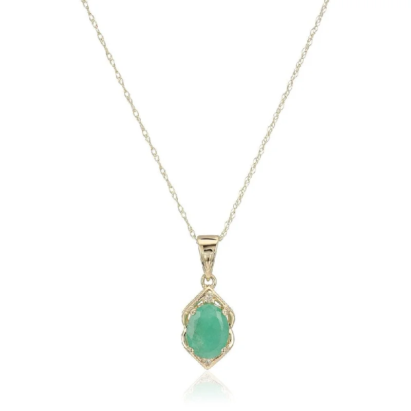 Stretch cord necklaces-10k Yellow Gold Emerald, Diamond Pendant Necklace, 18"+2" Extender - Green