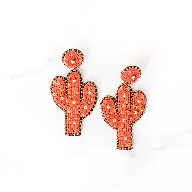 Petal hoop earrings-Beaded Coral Cactus Earrings