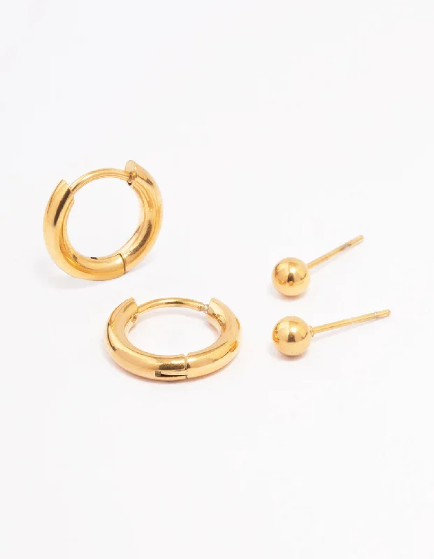 Tiny heart earrings-Gold Plated Surgical Steel Plain Stud & Huggie Earring Pack