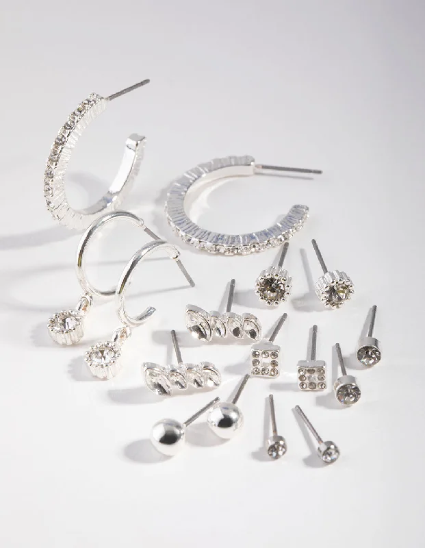 Layered tier earrings-Silver Plain Diamante Stud Earring 8-Pack