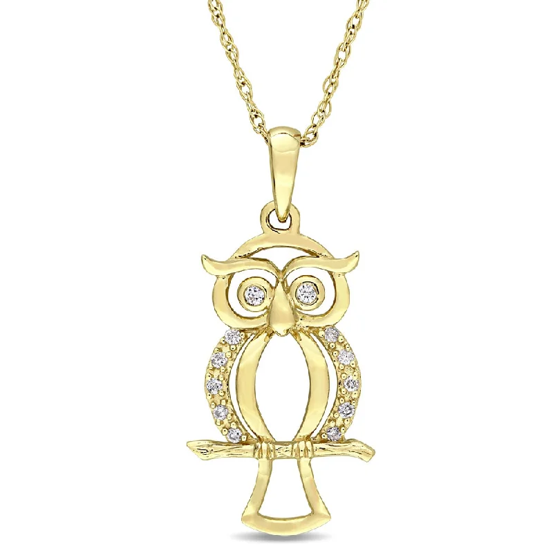 Drape-style necklaces-Miadora 10k Yellow Gold Diamond Accent Dangling Owl Necklace - White