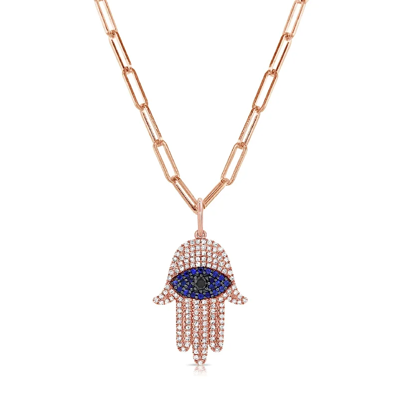 Pure crystal necklaces-Joelle Diamond Hamsa Necklace Hand of God 14K Rose Gold on 18-inch Paperclip Chain