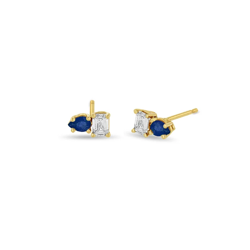 Wide hoop earrings-14k Pear Blue Sapphire & Emerald Cut Diamond Studs