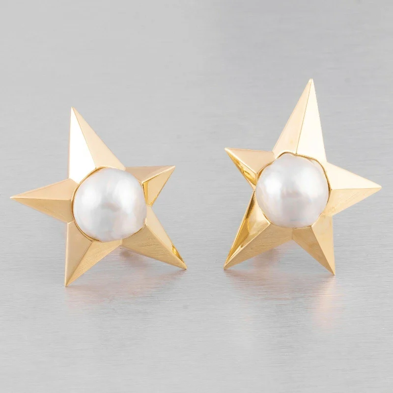 Fine triangle earrings-Pedro Boregaard 18k Yellow Gold Pearl Moon & Star Clip-on Earrings RETAIL $9,900