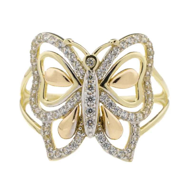 Multi-stone engagement rings-Sparkling Butterfly Clear Cubic Zirconia Ring Size 7 in 14K Three Tone Gold